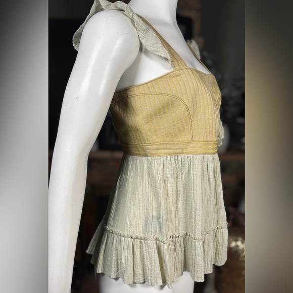 Proenza Schouler Yellow & Green Linen, Gauze & Silk Bohemian Ruffled Top, Sz 6 - Picture 4 of 14